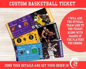 May include: Custom basketball tickets with team logos and player images. The tickets feature team matchups, game details, and the text "CUSTOM BASKETBALL TICKET". The tickets are in various colors and designs.