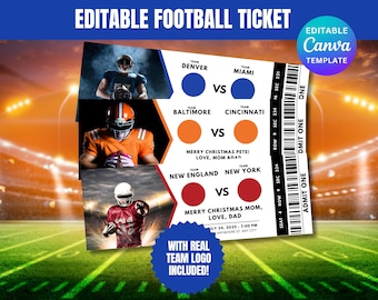 Edytowalny bilet na mecz piłki nożnej, bilety na mecz piłki nożnej jako prezent-niespodzianka, spersonalizowane bilety na wydarzenia, bilet na mecz piłki nożnej, szablon biletu na mecz piłki nożnej, Canva