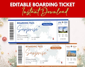 Editable Boarding Pass Template, Canva Editable Boarding Pass Surprise Trip Ticket, Airline Ticket Designs, DIY Boarding Ticket Digital