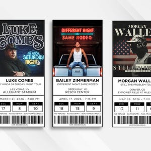 May include: Three concert tickets featuring Luke Combs, Bailey Zimmerman, and Morgan Wallen. The Luke Combs ticket is for Las Vegas, NV, March 21, 2026. The Bailey Zimmerman ticket is for Green Bay, WI, April 17, 2026. The Morgan Wallen ticket is for Denver, CO, May 29, 2026.