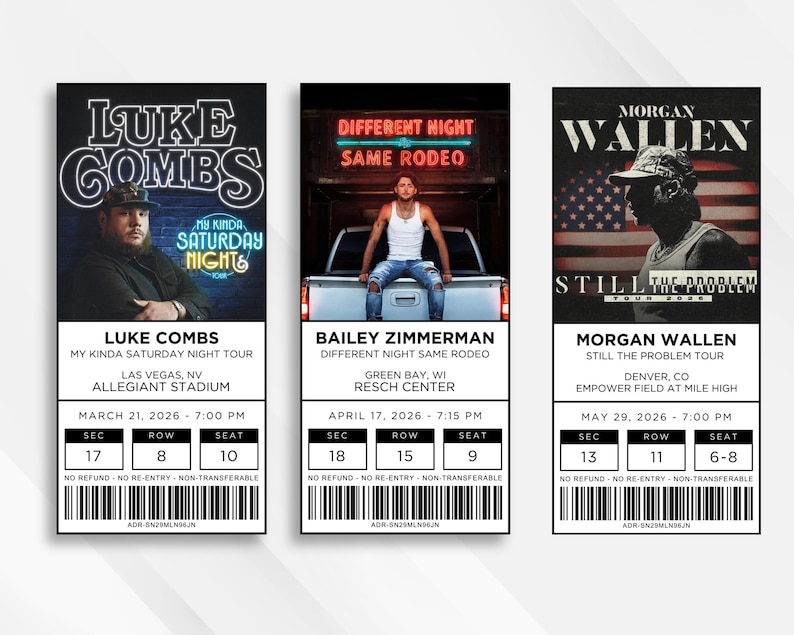 May include: Three concert tickets featuring Luke Combs, Bailey Zimmerman, and Morgan Wallen. The Luke Combs ticket is for Las Vegas, NV, March 21, 2026. The Bailey Zimmerman ticket is for Green Bay, WI, April 17, 2026. The Morgan Wallen ticket is for Denver, CO, May 29, 2026.