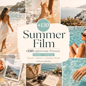 May include: A collage of summer-themed images. A woman in a white dress walks on a beach, and another woman relaxes by a pool. The text "Summer Film" and "+130 Lightroom Presets" are displayed.
