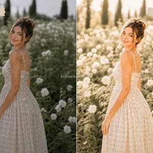 May include: A woman in a floral print dress stands in a field of white flowers. The dress has thin straps and a fitted bodice. The image is split into two sections, labeled "BEFORE" and "AFTER", showcasing a photo editing effect. The text "SoftonicStudio" is in the image.
