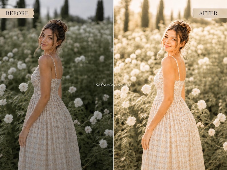 May include: A woman in a floral print dress stands in a field of white flowers. The dress has thin straps and a fitted bodice. The image is split into two sections, labeled "BEFORE" and "AFTER", showcasing a photo editing effect. The text "SoftonicStudio" is in the image.