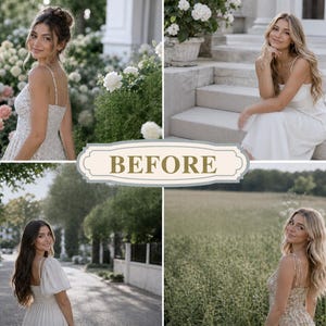 May include: Four images of a woman in various outdoor settings, each featuring her in a white or light-coloured dress. The word "BEFORE" is displayed in a decorative banner across the images.