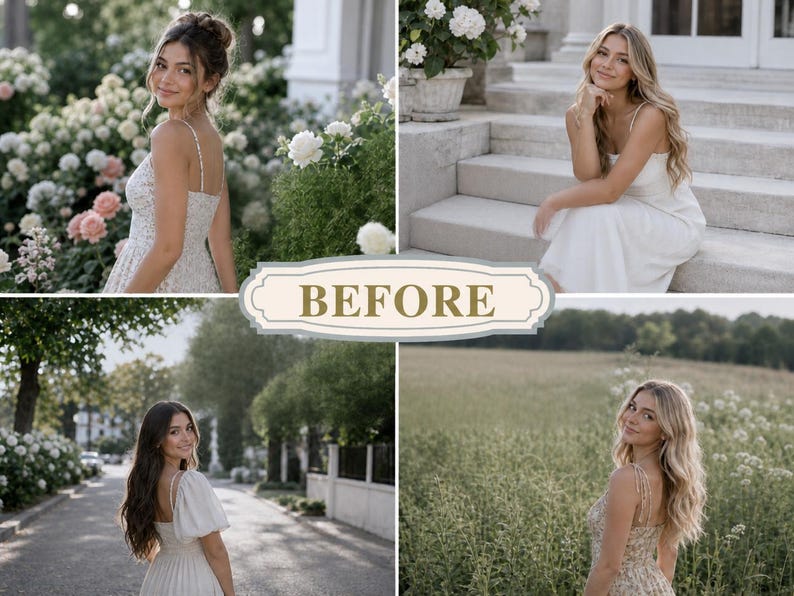 May include: Four images of a woman in various outdoor settings, each featuring her in a white or light-coloured dress. The word "BEFORE" is displayed in a decorative banner across the images.