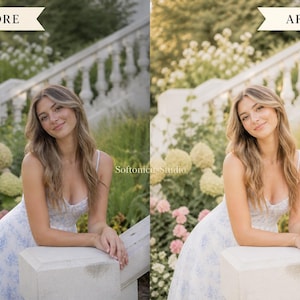 May include: A comparison image showing "before" and "after" edits. The "before" image features a woman in a white and blue floral dress, leaning on a stone structure. The "after" image has a warmer tone. The background includes flowers and a white balustrade.