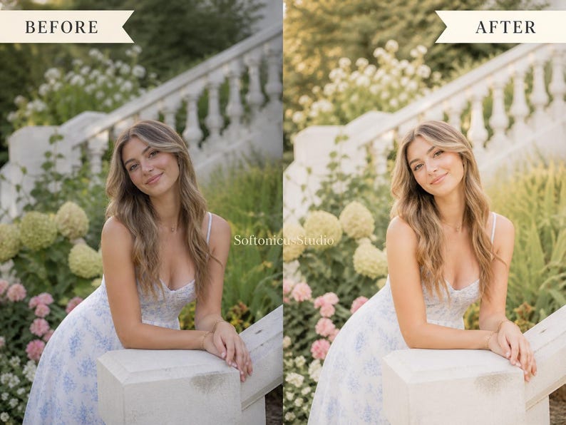 May include: A comparison image showing "before" and "after" edits. The "before" image features a woman in a white and blue floral dress, leaning on a stone structure. The "after" image has a warmer tone. The background includes flowers and a white balustrade.