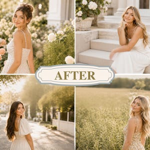 May include: Four photographs of a woman in different outdoor locations. She is wearing cream or white dresses. The images have a soft focus and warm tones, taken in natural light. The text "AFTER" is displayed in a decorative banner.