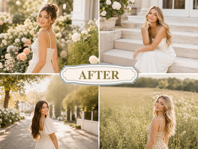 May include: Four photographs of a woman in different outdoor locations. She is wearing cream or white dresses. The images have a soft focus and warm tones, taken in natural light. The text "AFTER" is displayed in a decorative banner.