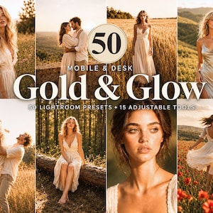 以下が含まれることがあります： 暖かく金色の美学を持つ画像のコラージュ。「Gold & Glow」という中央のテキストと、その下に「50 Mobile & Desk」と「50 Lightroom Presets + 15 Adjustable Tools」があります。画像には、流れるようなドレスを着た人々が写っています。