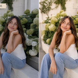 May include: A woman with long brown hair, wearing a white top and blue jeans, sits outdoors with a backdrop of green and white flowers. The image has text that says "BEFORE" and "AFTER".