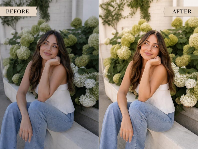 May include: A woman with long brown hair, wearing a white top and blue jeans, sits outdoors with a backdrop of green and white flowers. The image has text that says "BEFORE" and "AFTER".
