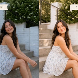 May include: A woman in a white dress with a blue floral pattern sits on outdoor concrete steps. The dress has thin straps and a ruffled hem. The background includes a white brick wall and green foliage. The image is labeled "BEFORE" and "AFTER".