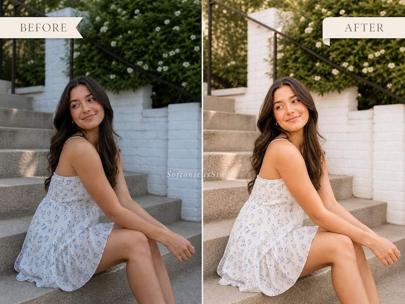 May include: A woman in a white dress with a blue floral pattern sits on outdoor concrete steps. The dress has thin straps and a ruffled hem. The background includes a white brick wall and green foliage. The image is labeled "BEFORE" and "AFTER".