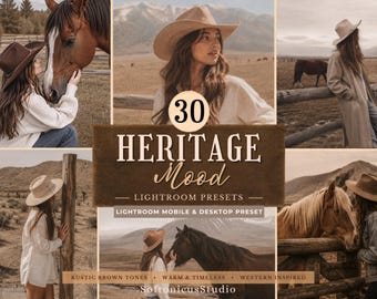 May include: A collection of 30 Heritage Mood Lightroom presets for mobile and desktop. The promotional graphic features six images of individuals wearing wide-brimmed hats and interacting with horses in outdoor settings with warm brown tones.