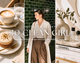 May include: A lifestyle image with a coffee cup, dessert, and a woman in a white coat. The image includes text that reads "30 CLEAN GIRL" and "Aesthetic Presets + Bright Natural Look + Mobile + Desktop". The image also includes a book with the word "CHANEL".