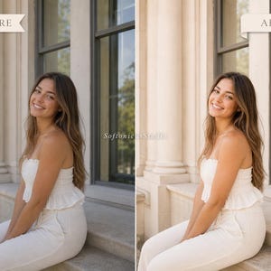 May include: A before and after image of a woman smiling, wearing a white strapless top and trousers. The "BEFORE" image is on the left, and the "AFTER" image is on the right. The images are set against a backdrop of a building with columns and windows.
