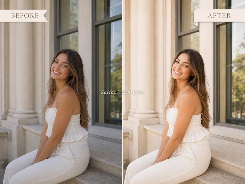 May include: A before and after image of a woman smiling, wearing a white strapless top and trousers. The "BEFORE" image is on the left, and the "AFTER" image is on the right. The images are set against a backdrop of a building with columns and windows.