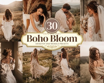 May include: A collage of images featuring women in flowing white dresses, couples embracing, and a bride in a wedding dress. The text "Boho Bloom Desktop and Mobile Presets" is displayed in a decorative frame, with the number "30" in a circle.