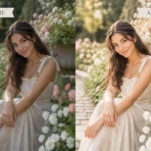 May include: A woman in a cream dress with floral patterns sits amongst flowers. The dress has tie straps and a frilled neckline. White and pink flowers surround her, with a stone path in the background. The image is labelled "BEFORE" and "AFTER".