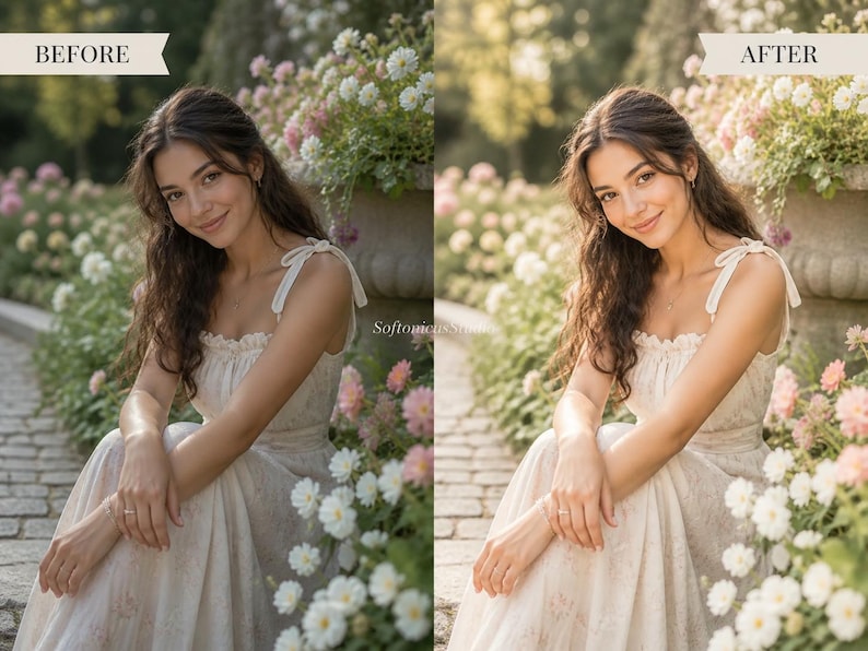 May include: A woman in a cream dress with floral patterns sits amongst flowers. The dress has tie straps and a frilled neckline. White and pink flowers surround her, with a stone path in the background. The image is labelled "BEFORE" and "AFTER".