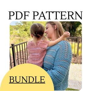 May include: A PDF pattern bundle featuring a crochet top in dusty pink and a long-sleeved crochet sweater in blue. Both garments display a repeating openwork stitch pattern with horizontal bands of solid crochet stitches throughout the design.
