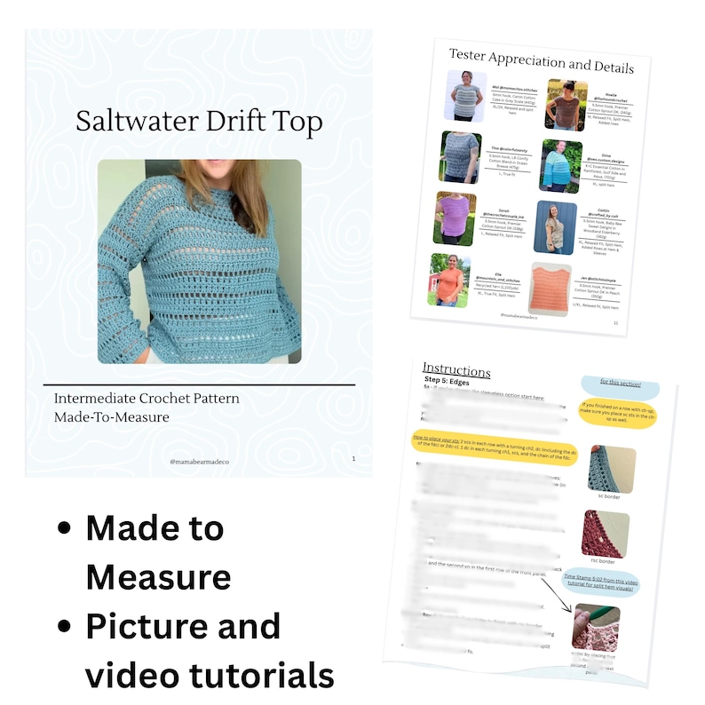 May include: A digital crochet pattern document titled Saltwater Drift Top, featuring a blue long-sleeve crocheted top, tester photos, and instructional text with step-by-step guides, including visual tutorials for creating the garment edges.