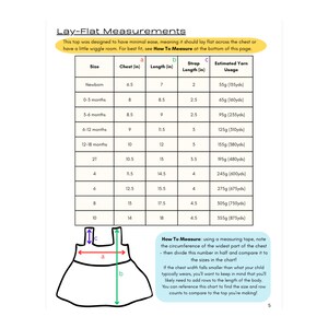 May include: A chart with lay-flat measurements for a baby top, including chest, length, and strap measurements in inches. It also lists estimated yarn usage in grams and yards for various sizes, from newborn to size 10.