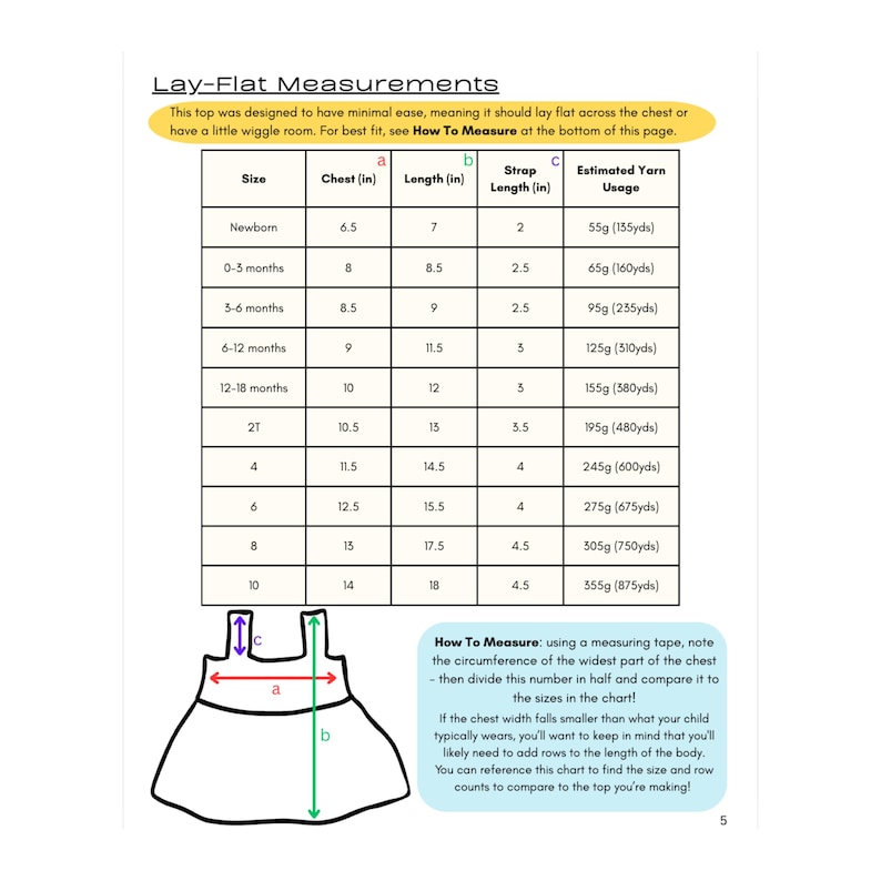 May include: A chart with lay-flat measurements for a baby top, including chest, length, and strap measurements in inches. It also lists estimated yarn usage in grams and yards for various sizes, from newborn to size 10.