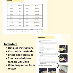May include: A crochet pattern document featuring a sizing chart with measurements in inches for sizes 0-5 months to child 5-10. It includes a list of included items like detailed instructions, a customization guide, and photo aids, alongside visual step-by-step crochet instructions with a purple hook.
