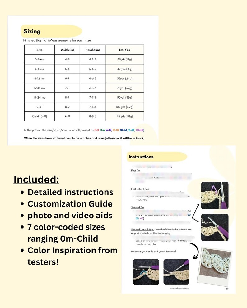May include: A crochet pattern document featuring a sizing chart with measurements in inches for sizes 0-5 months to child 5-10. It includes a list of included items like detailed instructions, a customization guide, and photo aids, alongside visual step-by-step crochet instructions with a purple hook.