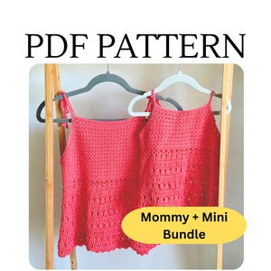 May include: Two coral-colored crochet tops with tie-shoulder straps, displayed on hangers. The text PDF PATTERN appears at the top, and a yellow oval graphic with the text Mommy + Mini Bundle is positioned over the lower right side of the garments.