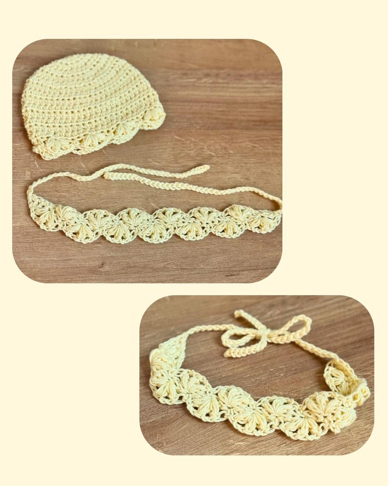 May include: A pale yellow crochet set consisting of a rounded cap and a matching tie-back headband. Both items feature a delicate, repeating shell-like stitch pattern throughout the design, crafted from a soft, light-colored yarn material.