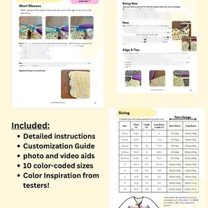 Pu&ograve; includere: Un documento con schema per uncinetto contenente istruzioni testuali, fotografie passo dopo passo della lavorazione del filato e una tabella delle taglie con misure in cm e consumo di filato in grammi per taglie da 0-24 mesi e 2-10 anni.