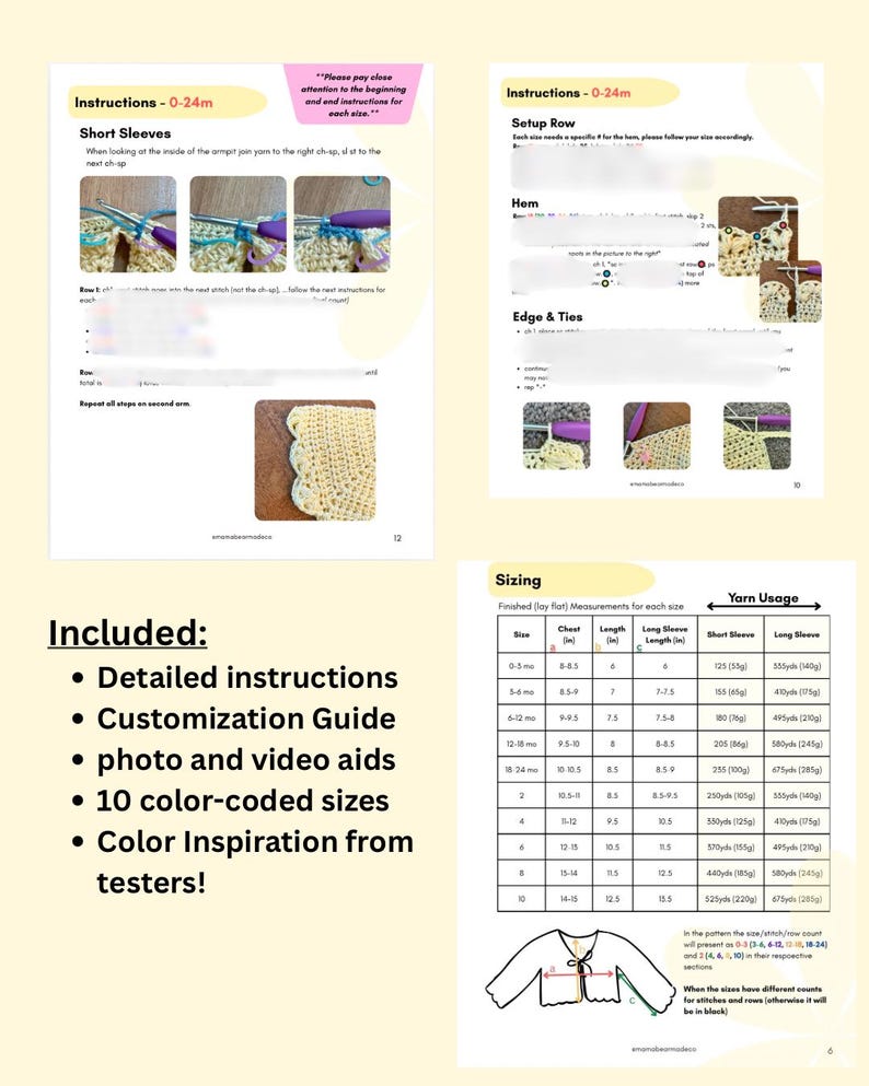 Pu&ograve; includere: Un documento con schema per uncinetto contenente istruzioni testuali, fotografie passo dopo passo della lavorazione del filato e una tabella delle taglie con misure in cm e consumo di filato in grammi per taglie da 0-24 mesi e 2-10 anni.