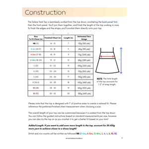以下が含まれることがあります： Solara Tank TopのConstructionと題されたかぎ針編みのパターン文書。胸囲、長さ、糸の使用量をインチとグラムで示したサイズ表と、測定ポイントaとbを示す線画が記載されています。