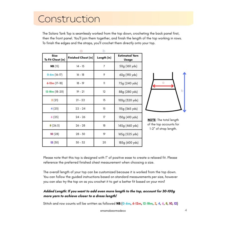以下が含まれることがあります： Solara Tank TopのConstructionと題されたかぎ針編みのパターン文書。胸囲、長さ、糸の使用量をインチとグラムで示したサイズ表と、測定ポイントaとbを示す線画が記載されています。