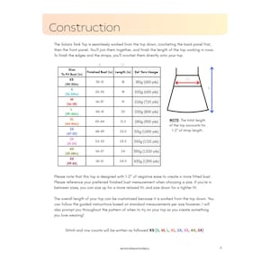 以下が含まれることがあります： Solara Tank TopのConstructionと題されたかぎ針編みのパターン文書。サイズ、インチ単位の仕上がりバスト、インチ単位の長さ、グラムおよびヤード単位の推定糸使用量、および図表を含むサイズチャートが記載されています。