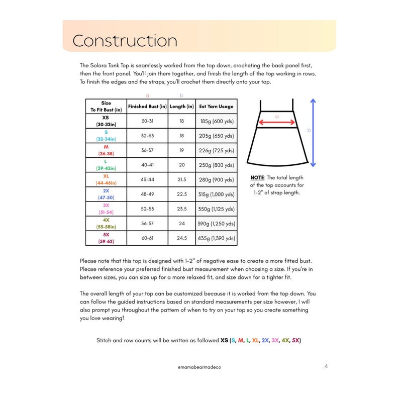 以下が含まれることがあります： Solara Tank TopのConstructionと題されたかぎ針編みのパターン文書。サイズ、インチ単位の仕上がりバスト、インチ単位の長さ、グラムおよびヤード単位の推定糸使用量、および図表を含むサイズチャートが記載されています。