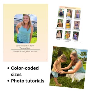 Pu&ograve; includere: Un documento digitale con schema per uncinetto intitolato Solara Crochet Tank per taglie, con livello principiante avanzato, taglie codificate a colori e tutorial fotografici. Il documento mostra una canotta azzurra e una griglia di tester.