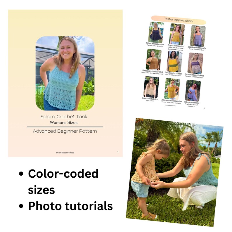 Pu&ograve; includere: Un documento digitale con schema per uncinetto intitolato Solara Crochet Tank per taglie, con livello principiante avanzato, taglie codificate a colori e tutorial fotografici. Il documento mostra una canotta azzurra e una griglia di tester.