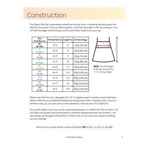 Pu&ograve; includere: Un documento con schema per uncinetto intitolato Construction per il Solara Tank Top. Include una tabella delle taglie con colonne per taglia, busto finito in pollici, lunghezza in pollici e consumo stimato di filato in grammi e iarde.