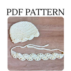 May include: A cream-colored crochet hat and a matching crochet headband with a scalloped shell pattern. The text PDF PATTERN is displayed above the items. The hat features a circular crown and a decorative border, while the headband has ties.
