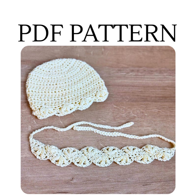 May include: A cream-colored crochet hat and a matching crochet headband with a scalloped shell pattern. The text PDF PATTERN is displayed above the items. The hat features a circular crown and a decorative border, while the headband has ties.