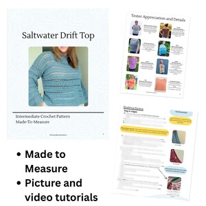 Puede incluir: Un documento de patr&oacute;n de ganchillo titulado Saltwater Drift Top, que muestra un top azul de manga larga tejido a ganchillo, fotos de probadores y texto instructivo con gu&iacute;as paso a paso, incluyendo tutoriales visuales.