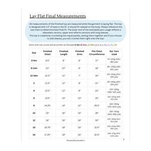 May include: A sizing chart titled Lay Flat Final Measurements for a crocheted top. The table lists sizes from 0-6m to 16 with corresponding finished chest, length, arm, chest circumference, and estimated yarn usage in inches and grams or yards.