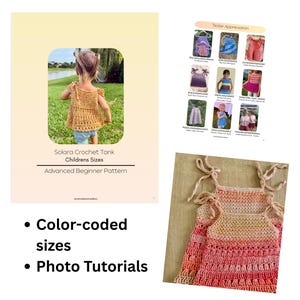 May include: A digital pattern document for a Solara Crochet Tank in children's sizes, featuring an advanced beginner level, color-coded sizes, and photo tutorials. The document displays a crocheted tank top with tie straps and a textured pattern.