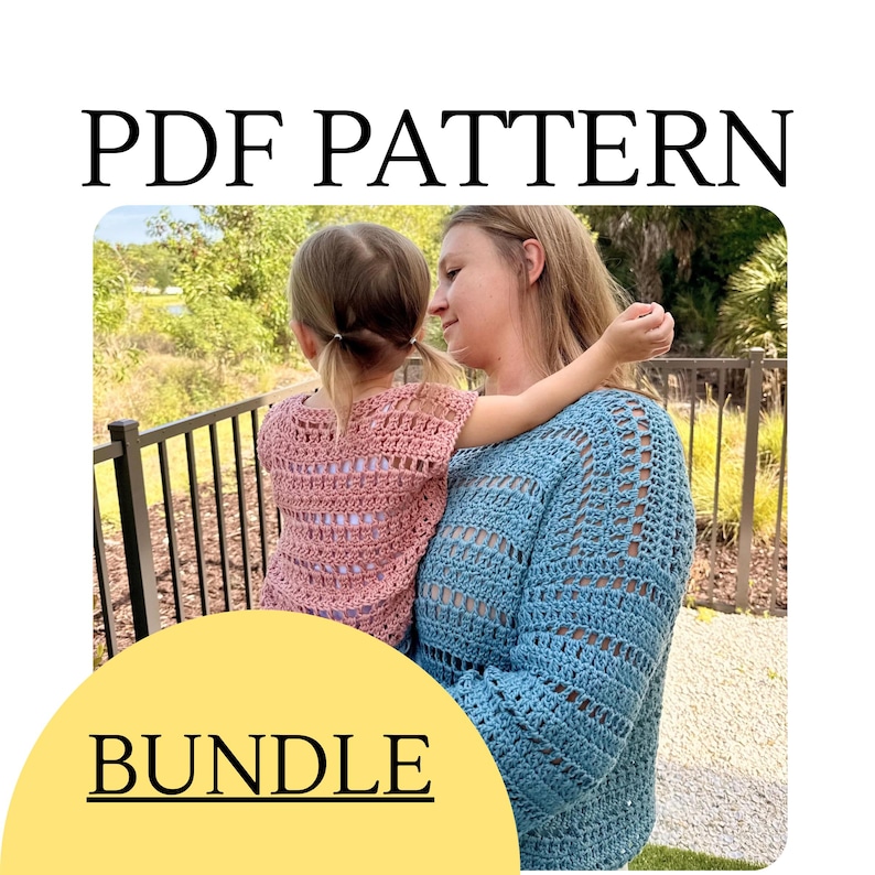 May include: A PDF pattern bundle featuring a crochet top in dusty pink and a long-sleeved crochet sweater in blue. Both garments display a repeating openwork stitch pattern with horizontal bands of solid crochet stitches throughout the design.
