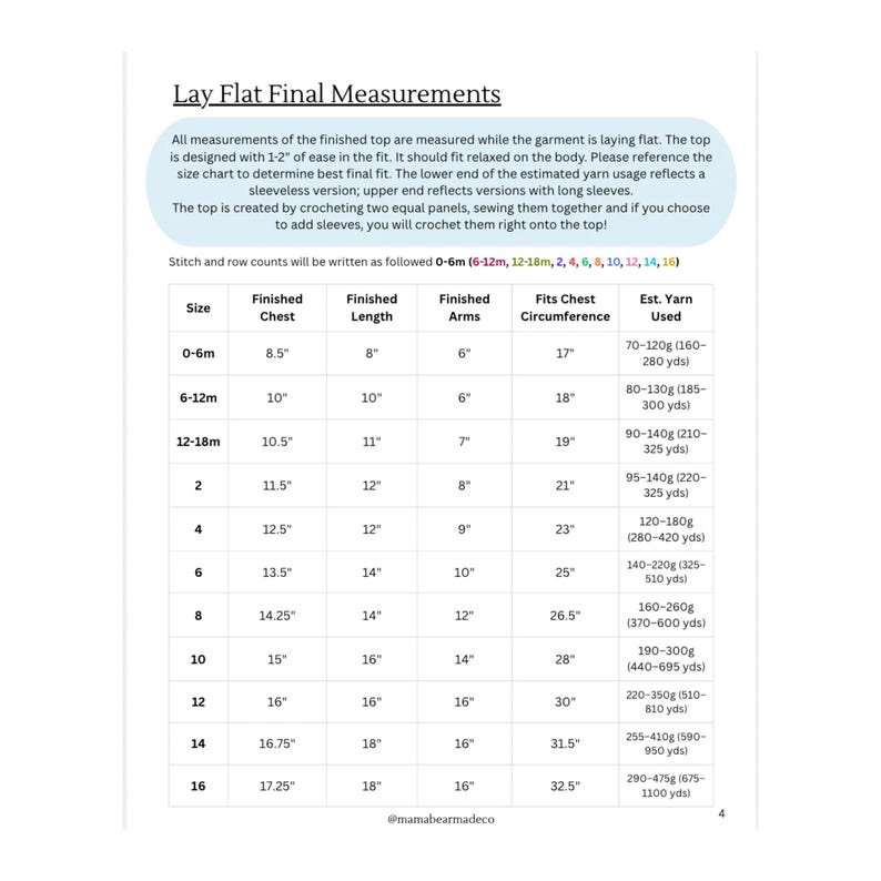 Op de afbeelding: Een maattabel getiteld Lay Flat Final Measurements voor een gehaakte top. De tabel toont maten van 0-6m tot 16 met bijbehorende borstomvang, lengte, armlengte en geschat garenverbruik in inches en grammen of yards.